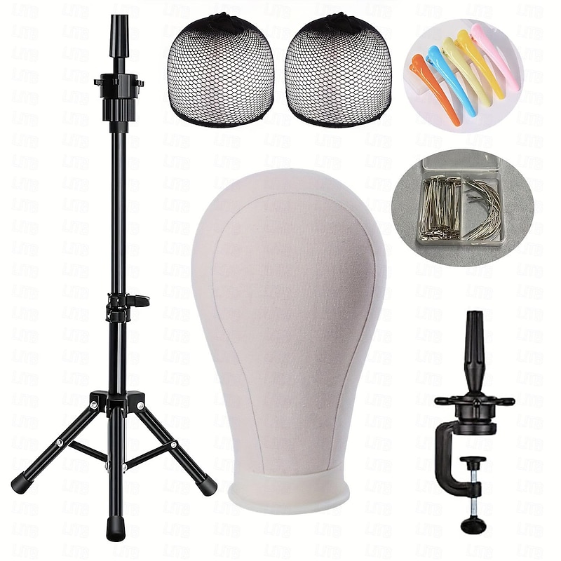 22 Inch Wig HeadWig Stand Tripod with HeadCanvas Wig HeadMannequin Head for WigsManikin Canvas Head Block Set for Wigs Making Display with Wig caps T/C Pins Set