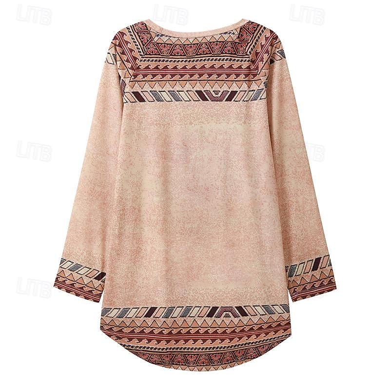 Women's Plus Size T Shirt Tunic Shirts Geometric Plaid Vintage Tunic Ethnic Long Sleeve Round Neck Long Tops Casual Print Marron Yellow Light Green Wine Red Fall & Winter Prefall2