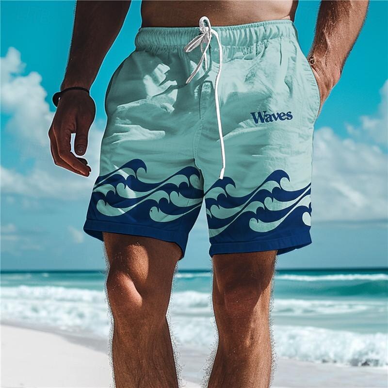 Waves Men's Resort 3D Printed Board Shorts Swim Trunks Elastic Waist Drawstring with Mesh Lining Aloha Hawaiian Style Holiday Beach S TO 3XL3