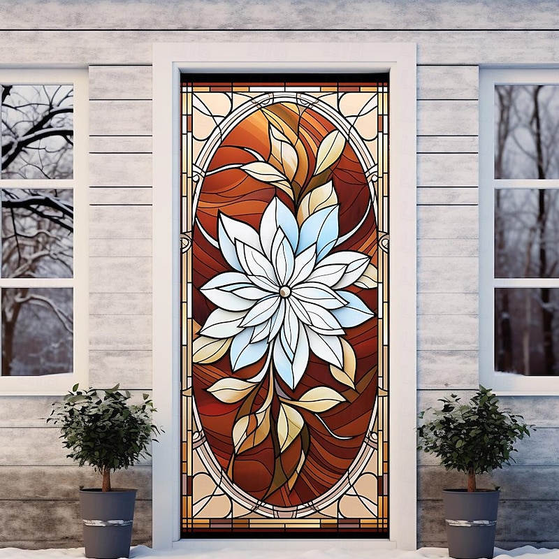 Stained Glass Flower Door Covers Mural Decor Door Tapestry Door Curtain Decoration Backdrop Door Banner Removable for Front Door Indoor Outdoor Home Room Decoration Farmhouse Decor Supplies4