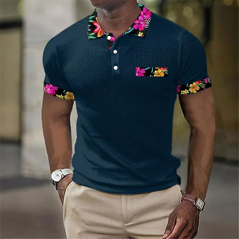 Floral Men's Business Casual 3D Print Waffle Polo Shirt Street Wear to work Daily Wear Waffle Fabric Short Sleeve Turndown Polo Shirts Black White Summer S M L Micro-elastic Lapel Polo4