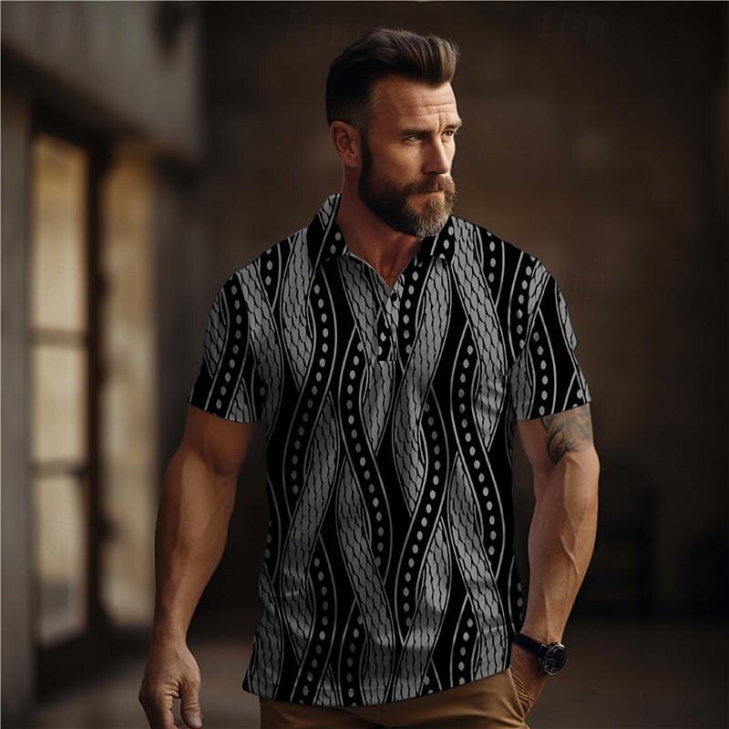 Men's Geometric Golf Shirt Short Sleeve Polo Shirts Collared Shirts Vacation Wear Formal Wear Festival Wear Buttons 3D Print Summer White Brown Khaki4