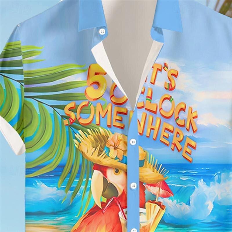 Men's Leaf Parrot Shirt Summer Hawaiian Shirt Aloha Shirt Short Sleeve Shirt Turndown Vacation Hawaiian Outdoor Vacation Hawaiian Blue Sky Blue Orange S M L3