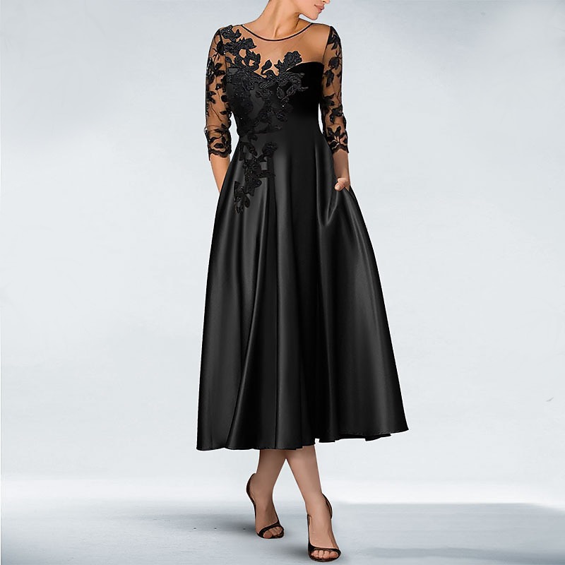 A-Line Mother of the Bride Cocktail Dresses Elegant Dress Formal Wedding Guest Knee Length 3/4 Length Sleeve Off Shoulder Pocket Satin with Beading Appliques Pocket Dresses