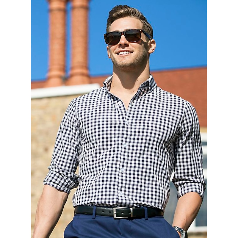 Men's Dress Shirt Collared Shirt Button Up Shirt Plaid Wedding Outdoor Wine Navy blue+white White Yellow Long Sleeve Turndown Spring Fall Clothing Apparel3