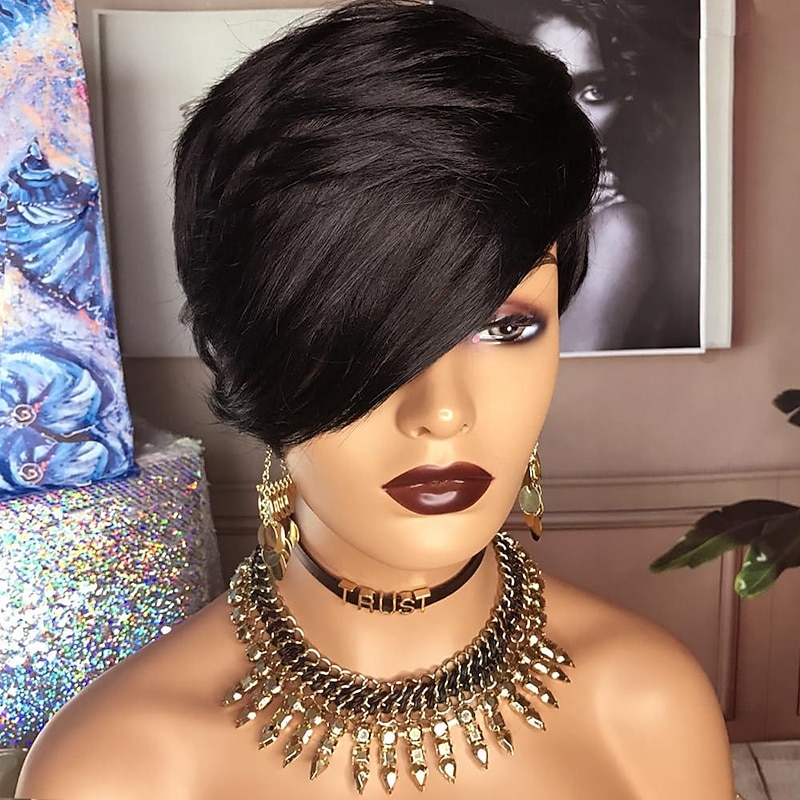 Short Human Hair Wigs Pixie Cut Wig Human Hair Short Bob Wigs with Bangs for Black Women Ombre Blonde Color Short Pixie Wigs Color with Bang for Women 6 inch