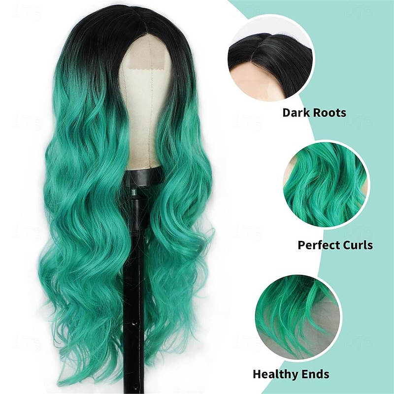 Long Wavy Wig for Women Ombre Green Middle Part Wigs Teal Wigs Long Curly Synthetic Heat Resistant Hair with Natural Hairline for Cosplay Party Everyday Use St.Patrick's Day Wigs3