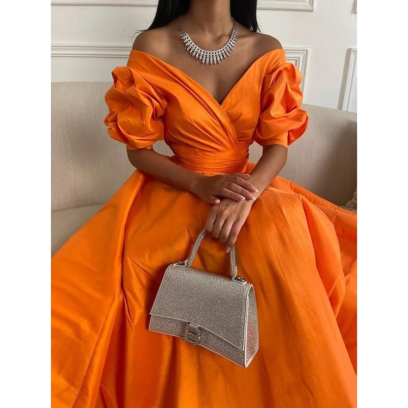 A-Line Evening Gown Elegant Dress Formal Prom Floor Length 3/4 Length Sleeve Sweetheart Satin with Ruched