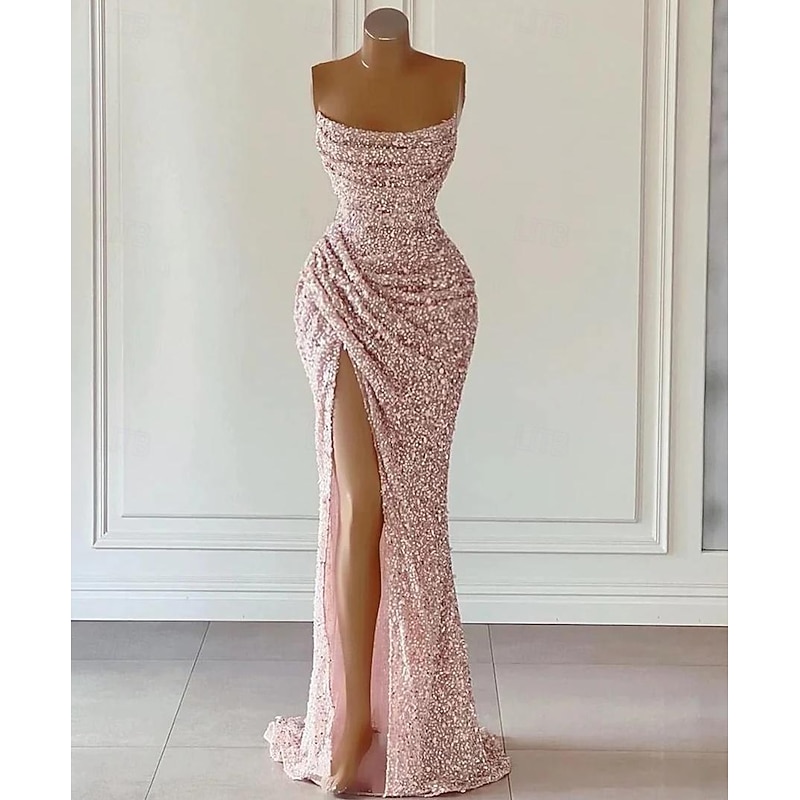 Beach Wedding Sheath Sequin Prom Dresses Elegant Dress Formal Prom Floor Length Sleeveless Strapless Masquerade Dress