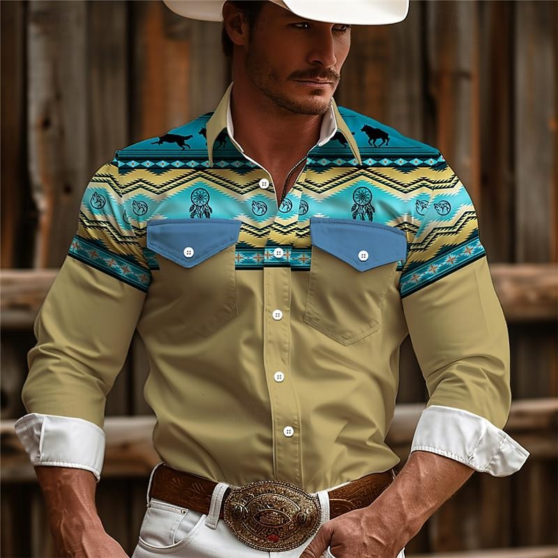 Men's Cowboy Western Shirt Button Up Shirt Cowboy Shirt Long Sleeve Vintage Western Daily Wear Going out Weekend Spring Fall Winter Turndown Collared Shirts 3D Print Front Pocket Pink Green Khaki4