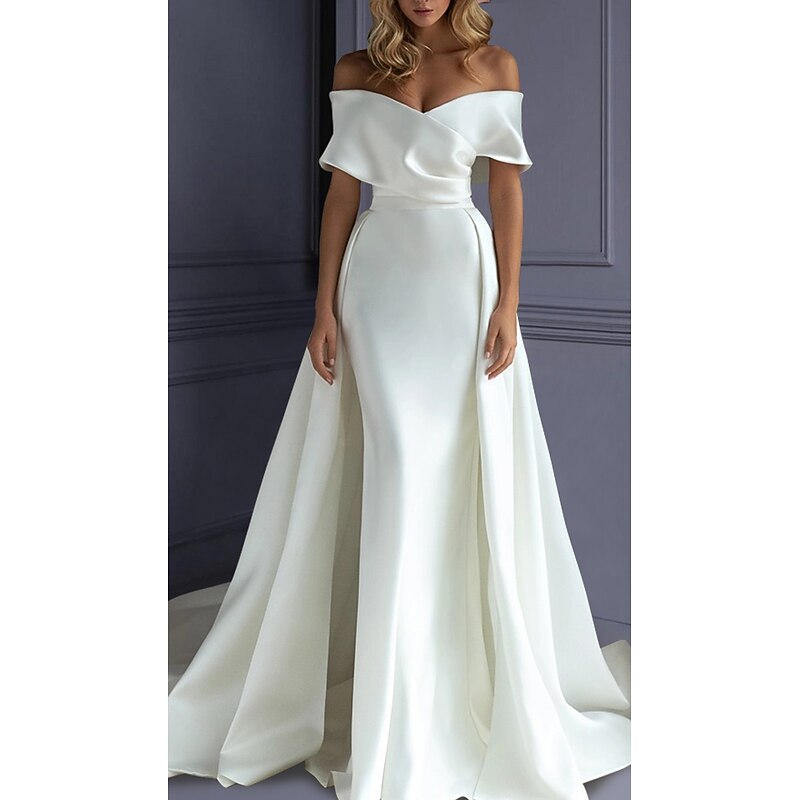 Beach Formal Wedding Dresses Mermaid Sweetheart Off Shoulder Sleeveless Sweep / Brush Train Satin Bridal Gowns With Solid Color3
