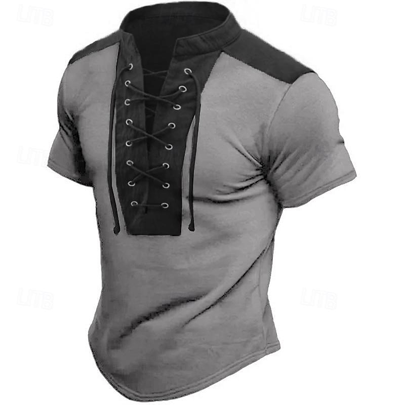 Men's T Shirt Tee Short Sleeve Collar Summer Color Block Vintage Fashion Lace up Print Casual Daily Sports Dark Brown Drak Gray Blue Top Tee for Men3