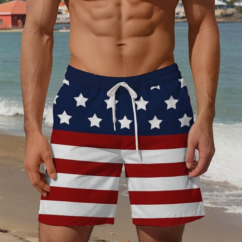 Men's American Flag Swim Trunks Swim Shorts Board Shorts Mid Waist Vacation Hawaiian Holiday Vacation Holiday Beach Drawstring with Mesh lining Elastic Waist Designer Clothing Apparel