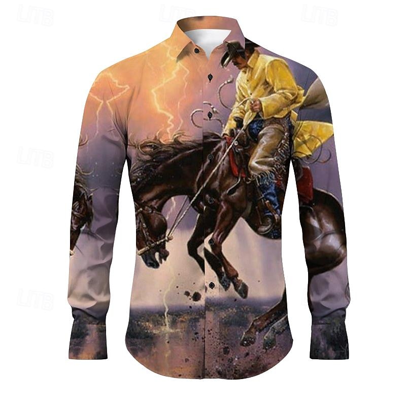 Kentucky Derby Men's Cowboy Shirt Western Shirt Cowboy Shirt Long Sleeve Vintage Western Style Outdoor Street Casual Daily Fall & Winter Turndown Buttons Print Blue Purple Orange Green