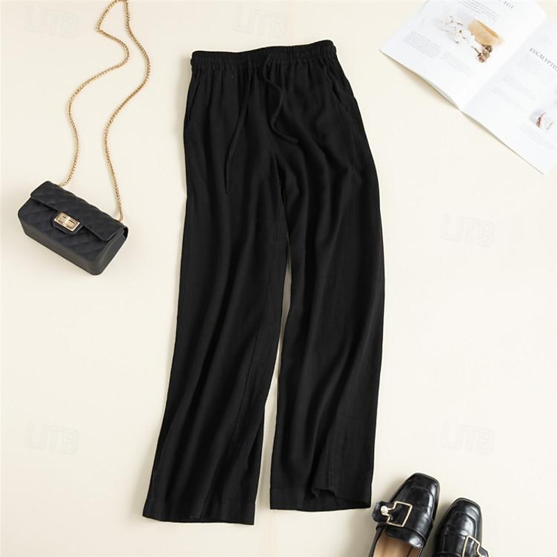 Women's Wide Leg Linen Pants Pants Trousers Fashion Full Length Shamrock Drawstring Side Pockets Breathability Comfortable Casual Daily Black Spring & Summer2
