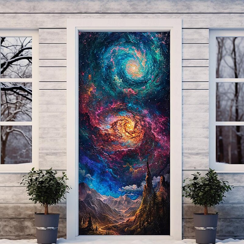 Universe Galaxy Door Covers Mural Decor Door Tapestry Door Curtain Decoration Backdrop Door Banner Removable for Front Door Indoor Outdoor Home Room Decoration Farmhouse Decor Supplies4
