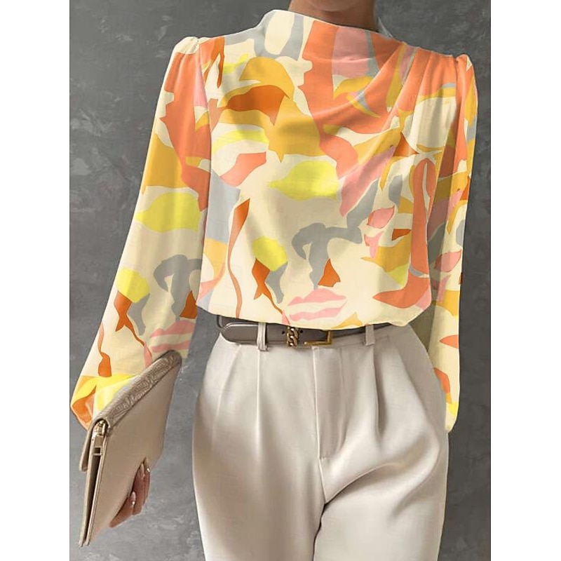 Women's Blouse Long Sleeve Fashion Print Regular Tops Crew Neck Work Yellow Pink Red Spring &  Fall3