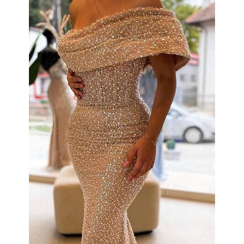 Gold Mermaid Sequined Evening Gown Elegant Dress Formal Floor Length Sleeveless Off Shoulder Masquerade Dress2