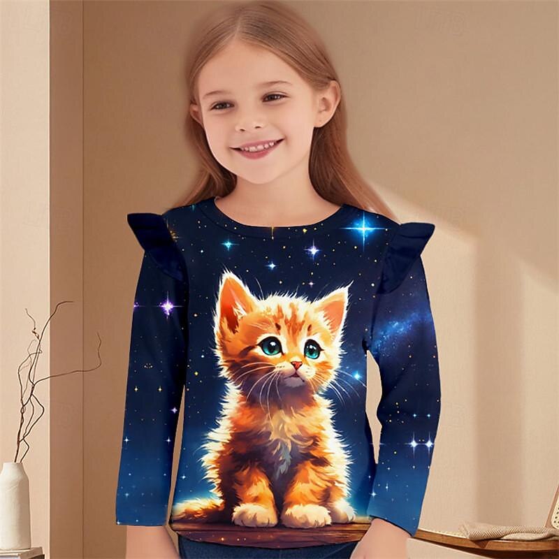 Girls' 3D Cat Ruffle Tee Long Sleeve 3D Print Spring Fall Active Fashion Cute Kids 3-12 Years Crew Neck Outdoor Casual Daily Regular Fit2