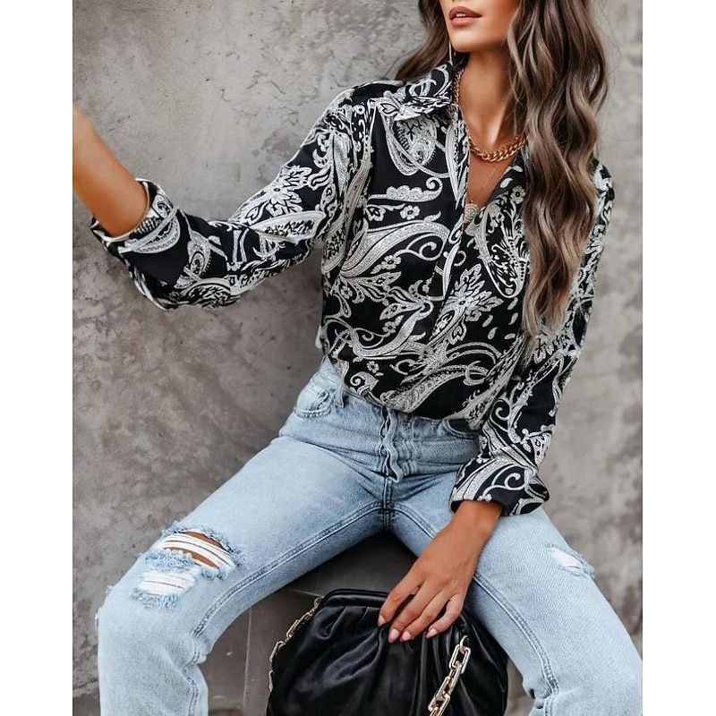Women's Shirt Long Sleeve Button Down Blouse Fashion Paisley Buttons Print Regular Tops Shirt Collar Casual Black Spring &  Fall3