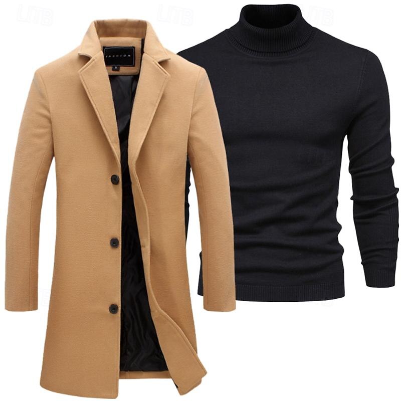 Set with Trench Coat Pullover Men's 2 PCS Outfits Winter Coat Overcoat Daily Wear Winter Thermal Warm Windproof Outerwear Clothing Apparel Fashion Warm Ups Plain Pocket Lapel Single Breasted2