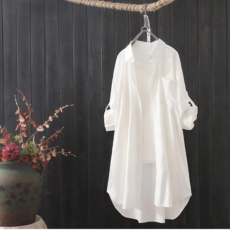 Cotton Linen Shirts Linen Shirt Button Up Long Cotton Top Women's White Yellow Pink Solid Color Buttons Long Street Daily Fashion Shirt Collar Cotton Linen Regular Fit S2