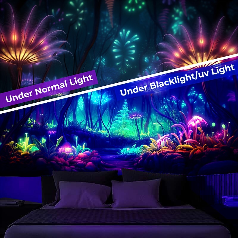 Blacklight Tapestry UV Reactive Glow in the Dark Glow Party Creepy Flowers Trippy Misty Nature Landscape Hanging Tapestry Wall Art Mural for Living Room Bedroom2