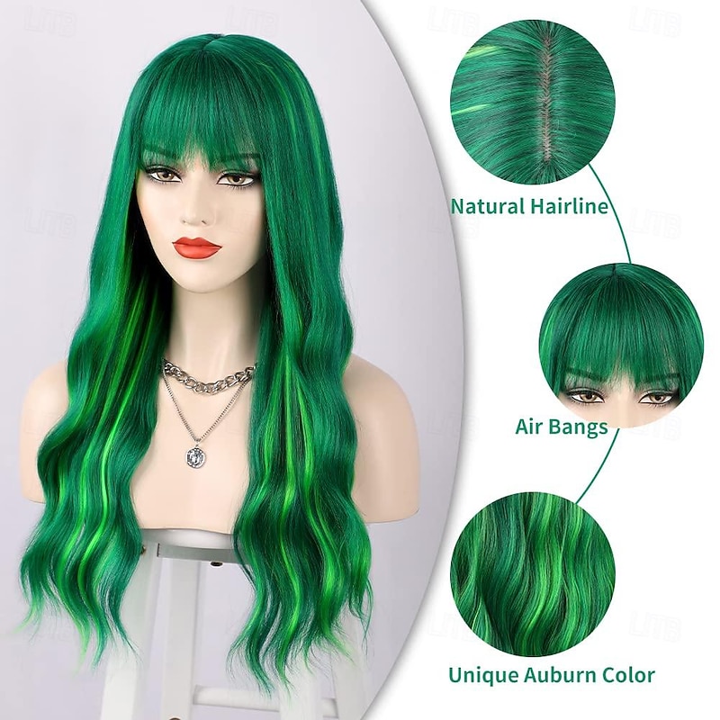 Green Wig with Bangs Long Wavy Green Wigs for Women Heat Resistant Wavy Wig for Daily Party Use St.Patrick's Day Wigs Halloween Wigs3