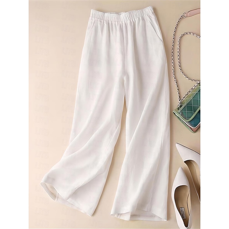 Women's Wide Leg Cotton Linen Pants Chinos Fashion Streetwear Simple Ankle-Length High Waist Plain Maillard Pocket Elastic Waist Baggy Comfort Breathability Soft Micro-elastic Vacation Daily Daily