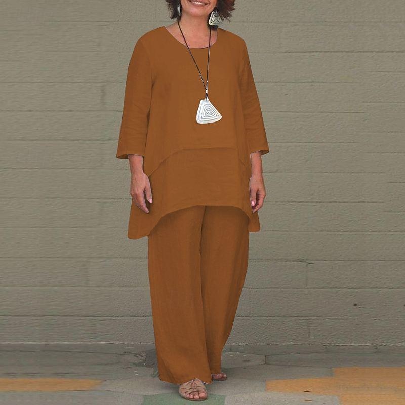 Women's Cotton Linen Sets Two Piece Sets Solid Color Fashion Round Neck Street Daily 2 Piece White Blue Khaki Gray Spring &  Fall