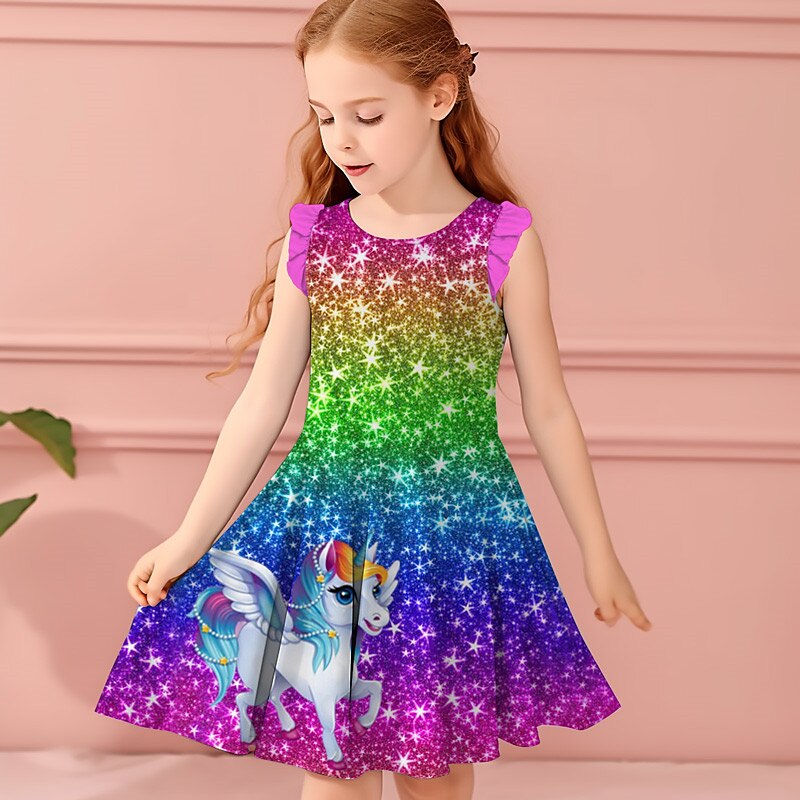 Girls' 3D Rainbow Unicorn Ruffle Dress Sleeveless 3D Print Summer Daily Holiday Casual Beautiful Kids 3-12 Years Casual Dress Tank Dress Above Knee Regular Fit