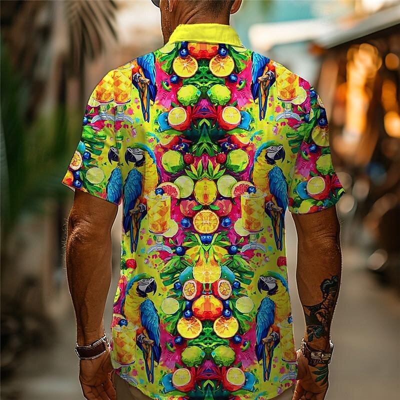 Men's Fruit Parrot Shirt Summer Hawaiian Shirt Aloha Shirt Short Sleeve Shirt Cuban Collar Hawaiian Casual Outdoor Street Casual Daily Yellow Pink Green S M L4