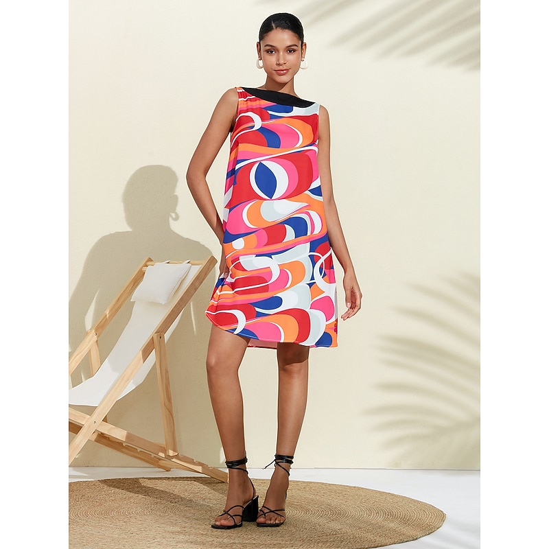 Satin Fanny Colorful Geometric Streamline Print Dress