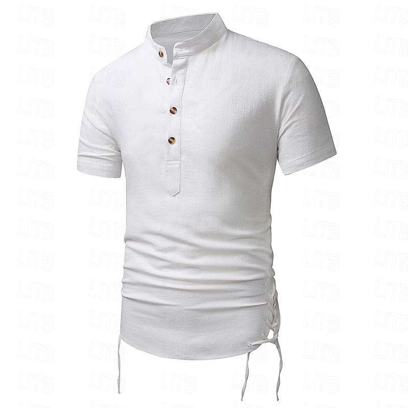 Men's Shirt Linen Shirt Cotton Linen Shirt White Cotton Shirt Chinese Collar Shirt Mandarin Collar Shirt Plain Vacation Street Black White Navy Blue Khaki Short Sleeve Standing Collar Summer Clothing2