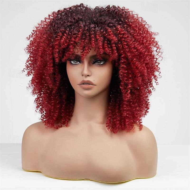 Red Curly Wigs for Black Women Red Kinky Curly Wig with Bangs 14 Inch Synthetic Afro Curly Wig for Daily Use Halloween Wigs3