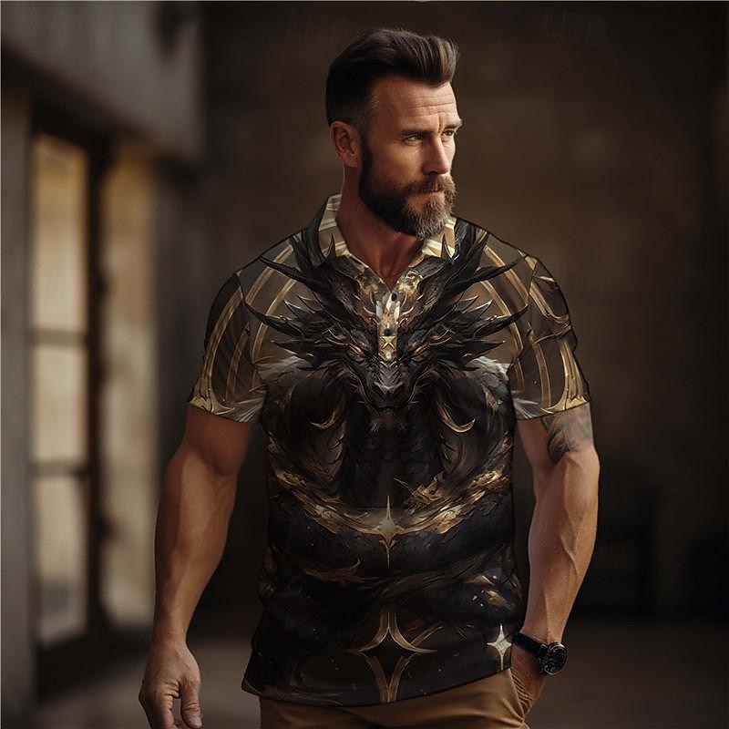 Men's Dragon Golf Shirt Short Sleeve Polo Shirts Collared Shirts Casual Funny Vacation Wear Party Outfits Buttons 3D Print Summer Blue Purple Gold