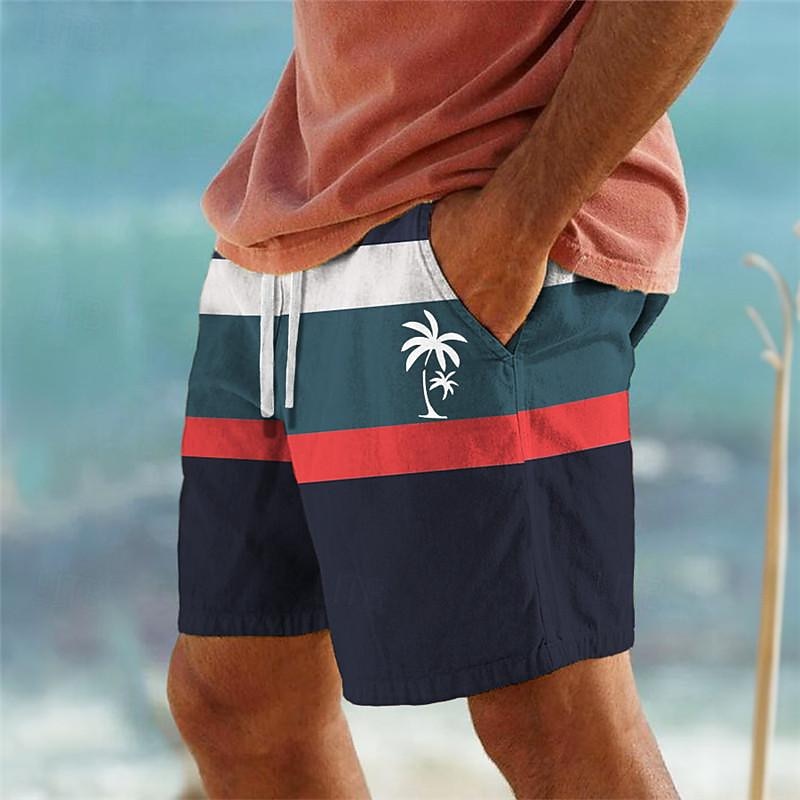 Men's Coconut Tree Stripe Swim Shorts Board Shorts Swimming Trunks Mid Waist Hawaiian Casual Holiday Beach Drawstring with Mesh lining Elastic Waist Designer Clothing Apparel