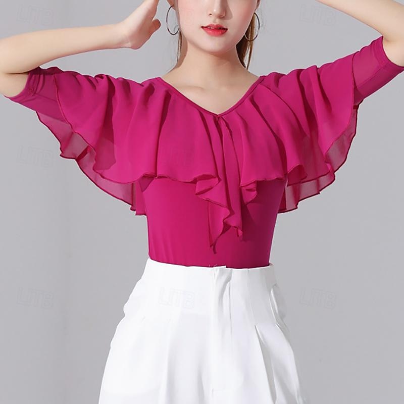 Latin Dance Ballroom Dance Top Ruffles Pure Color Splicing Women's Performance Training Half Sleeve High Polyester / Cotton Blend