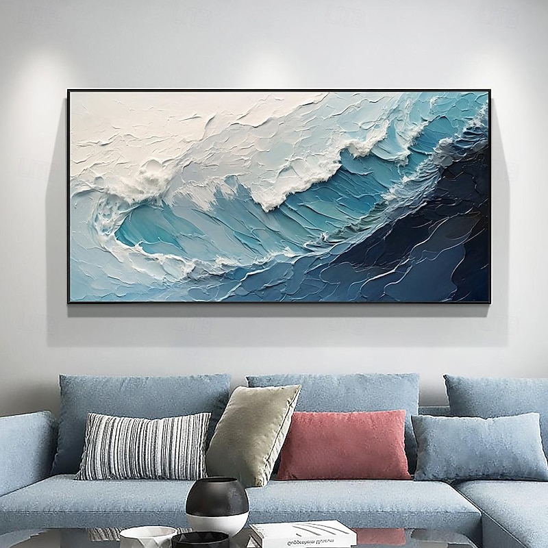 Large oil painting hand painted Ocean Wave Oil Painting On Canvas Large Wall Art Abstract Minimalist Painting Custom Blue Sea painting for Wall Art Living Room Decor Gift
