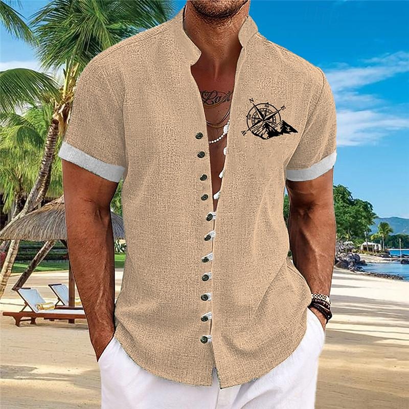 Men's Compass Summer Hawaiian Shirt Aloha Shirt Printed Shirts Short Sleeves Shirt Standing Collar Hawaiian Resort Vacation Daily Wear Beach Pink Blue Khaki S M L