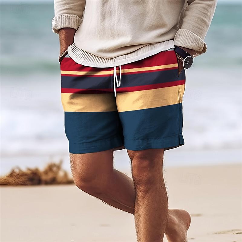 Men's Stripe Swim Trunks Swim Shorts Board Shorts Mid Waist Hawaiian Casual Holiday Beach Drawstring with Mesh lining Elastic Waist Designer Clothing Apparel