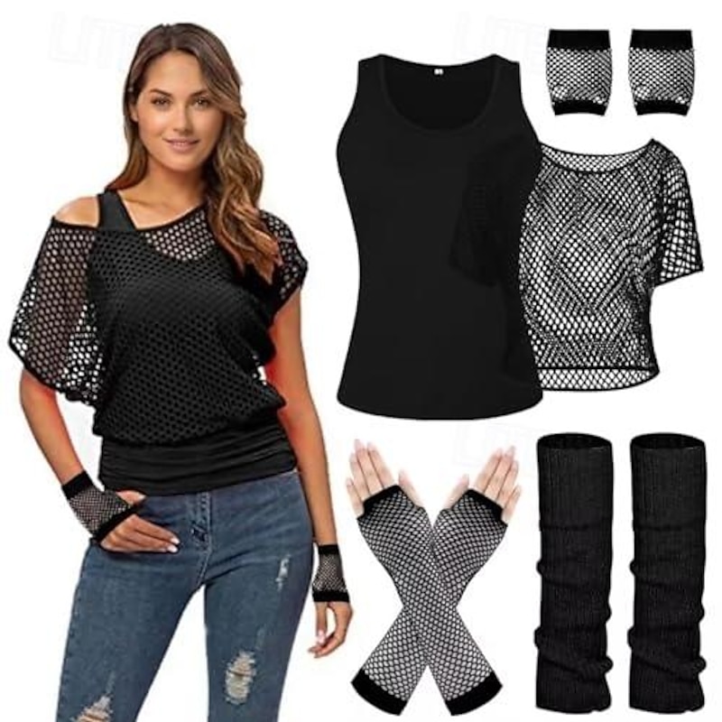 Retro Vintage Disco 1980s Outfits Off Shoulder T-Shirt Fishnet Disco Fancy Dress Women's Halloween Carnival Masquerade Party / Evening Pride Parade Pride Month Adults' Costume