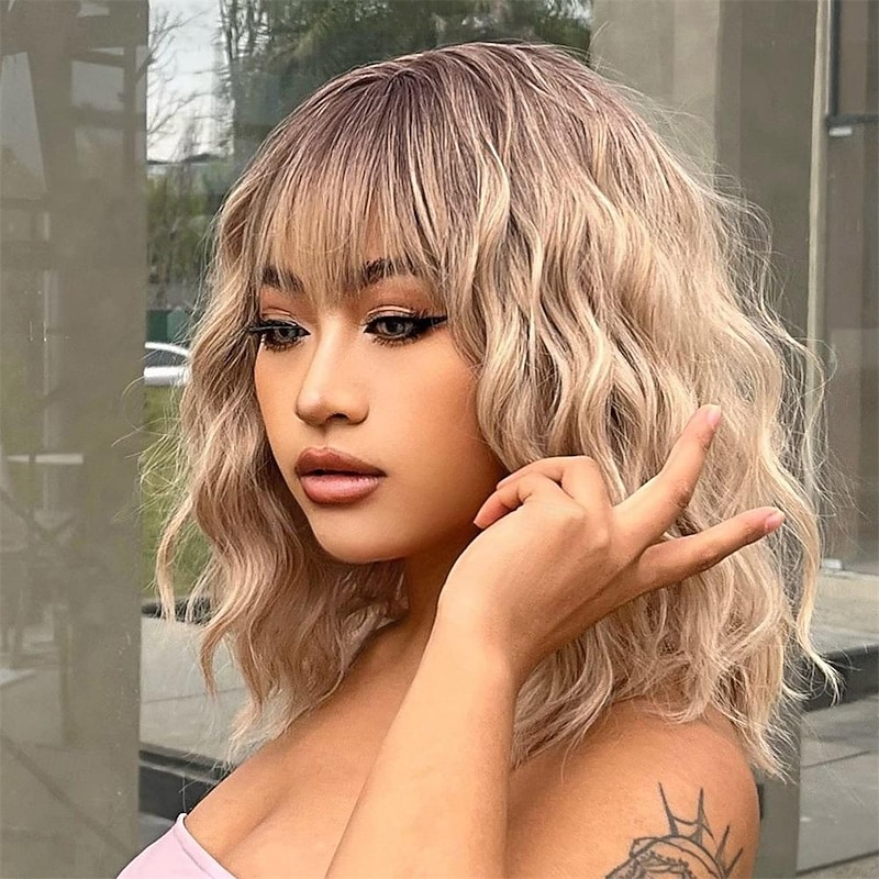 Short Ombre Blonde Wig With Bangs Shoulder Length Curly Wavy Bob Wig for Women Natural Looking Synthetic Curly Blonde Bob Wig for Party and Daily Wear4