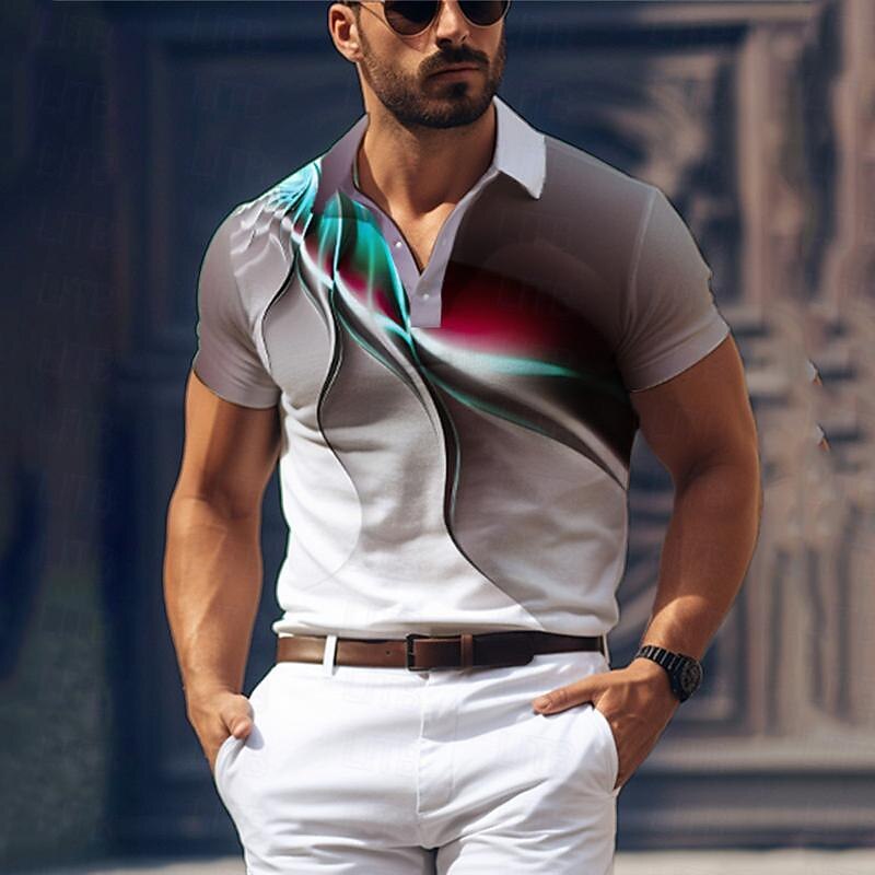 Men's Geometric Golf Shirt Short Sleeve Polo Shirts Collared Shirts Business Casual Vacation Wear Formal Wear Festival Wear Buttons 3D Print Summer Purple Khaki Gray3