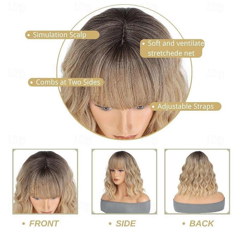 Ombre Blonde Wig with Bangs Short Bob Wavy Wig with Bangs for Women Loose Curly Shoulder Length Wig Synthetic Wig Cosplay Wig for Girl Daily Use Colorful Wig Cosplay Wigs 14 Inch3