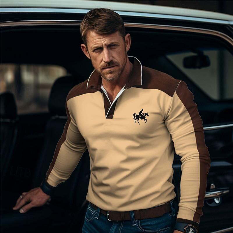 Kentucky Derby Men's Golf Shirt Long Sleeve Polo Shirts Collared Shirts Business Casual WorkWear Formal Wear Festival Wear 3D Print Buttons Fall & Winter White Blue Green