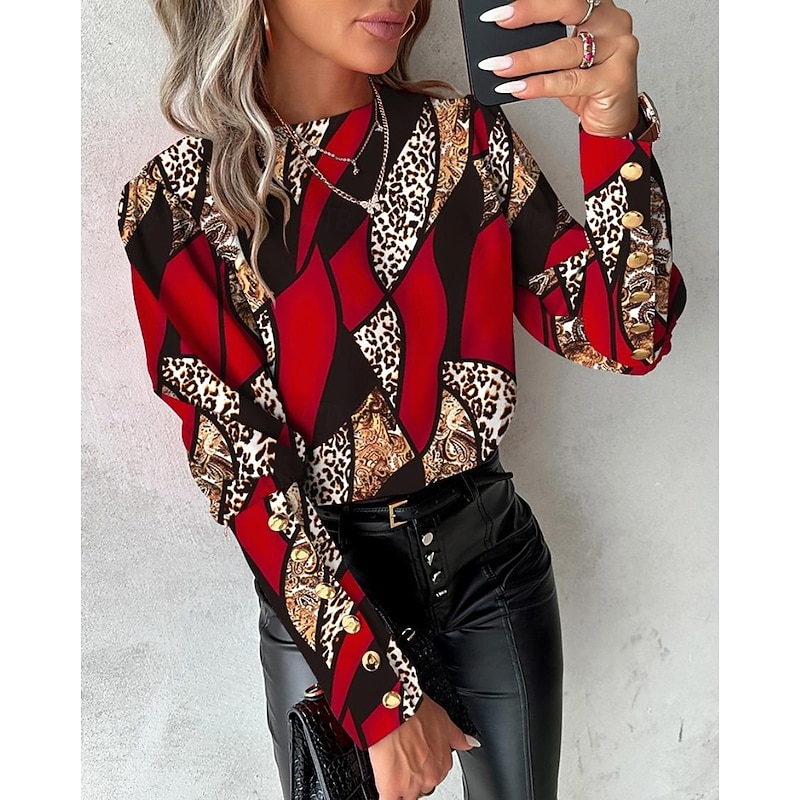 Women's Blouse Elegant Color Block Buttons Print Raglan Sleeves Long Sleeve Round Neck Casual Yellow Red Blue Green Spring & Summer