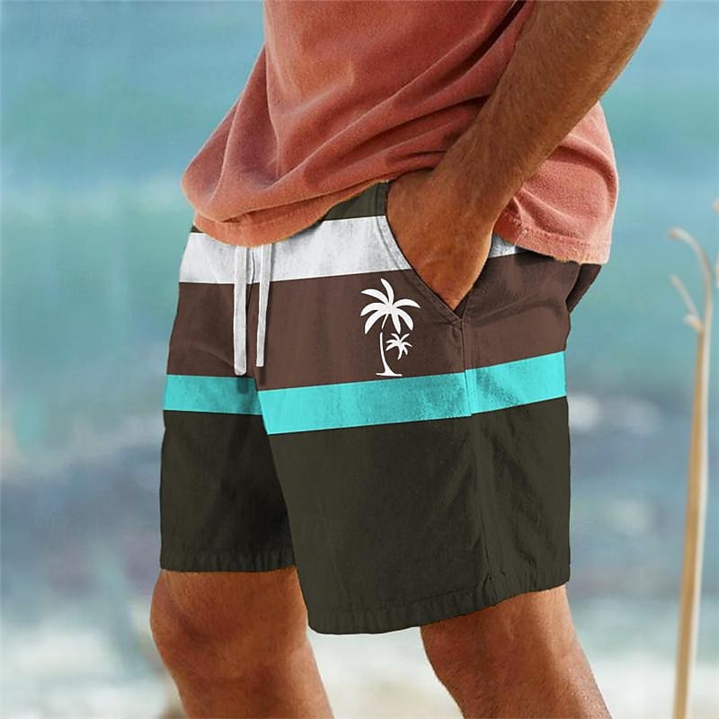 Men's Coconut Tree Stripe Swim Shorts Board Shorts Swimming Trunks Mid Waist Hawaiian Casual Holiday Beach Drawstring with Mesh lining Elastic Waist Designer Clothing Apparel3