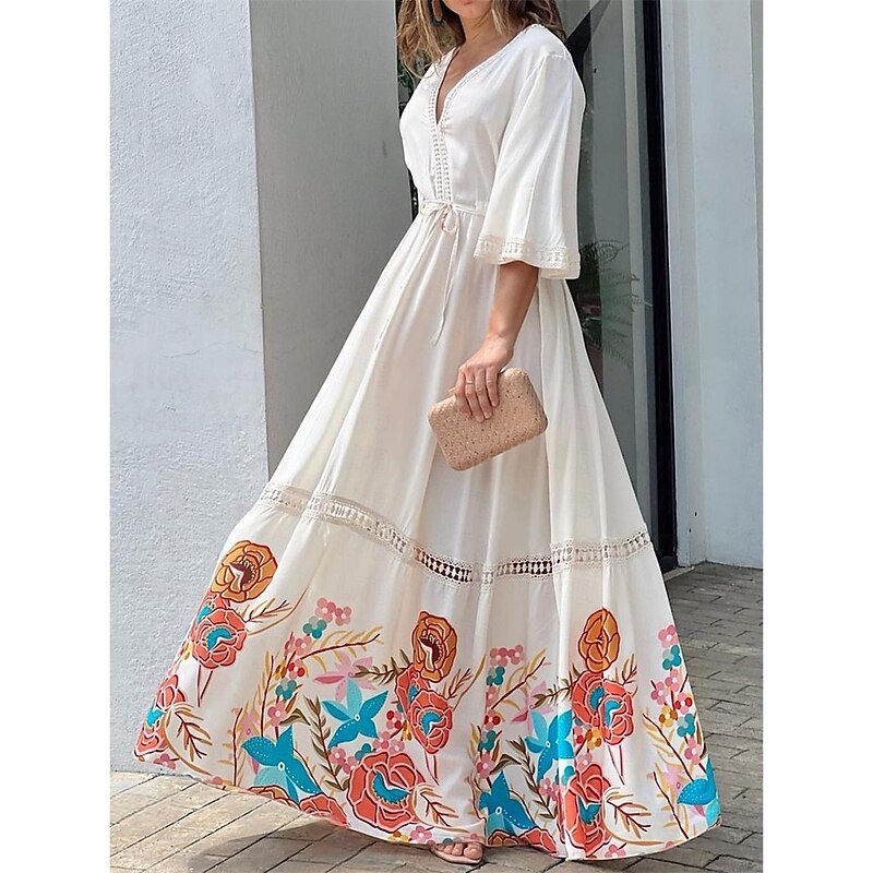Women's Casual Dress Floral Lace up Eyelet V Neck Long Dress Maxi Dress Vacation 3/4 Length Sleeve Summer Spring2