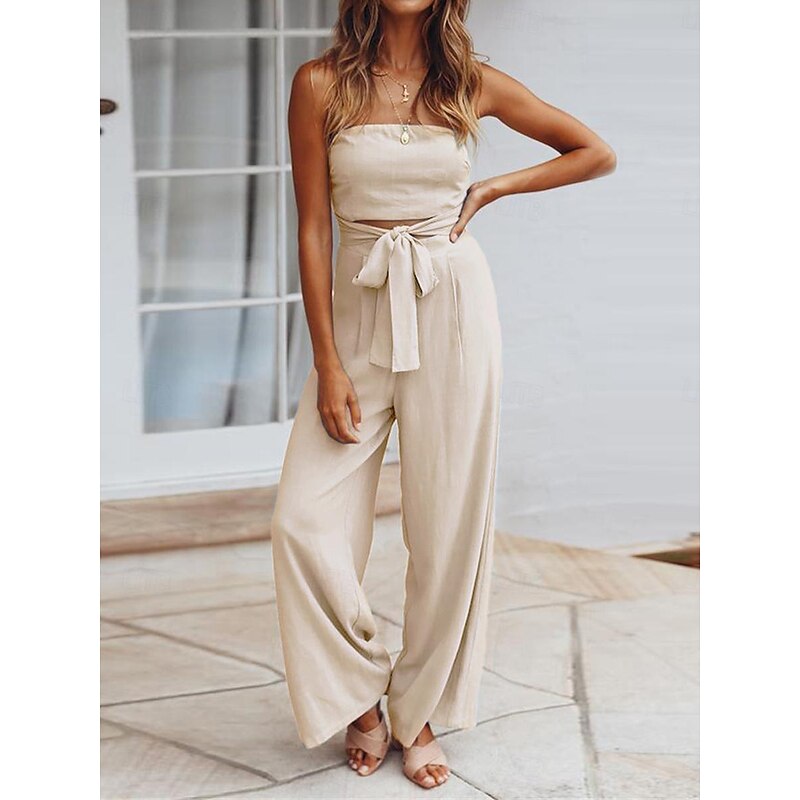 Women's Normal Jumpsuit Streetwear Solid Color Sleeveless Strapless Lace up Backless Street Daily Regular Fit White Green Apricot Summer3